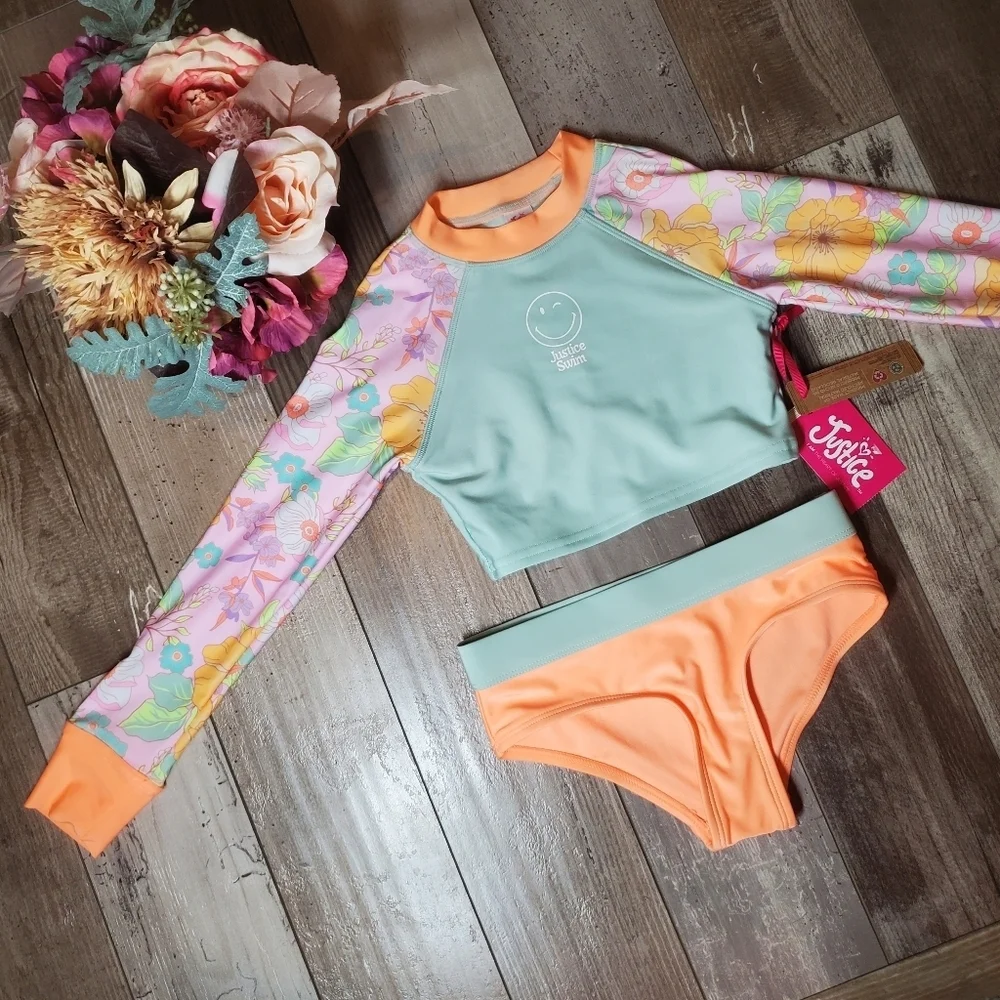 NEW Justice Girls 2pc Rash Guard Kids Swim Set w/ Hipster Bottom Size 5/6 Coral